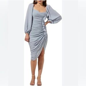 ASTR THE LABEL ATHENS RUCHED PUFF SLEEVE SHIMMER MIDI DRESS